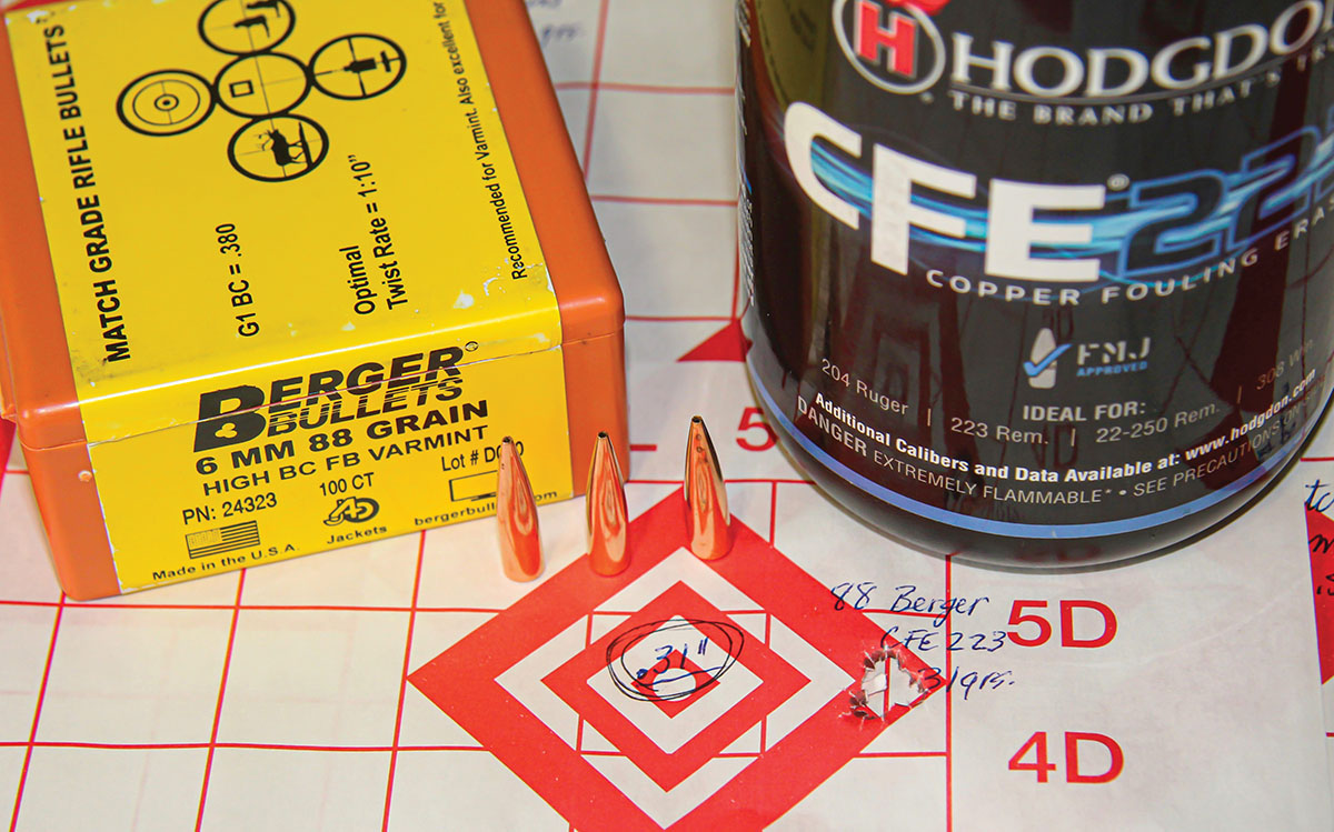 Thirty-one grains of Hodgdon CFE 223 beneath Berger’s 88-grain High BC FB Varmint bullet assembled this .31-inch group at 3,073 fps.